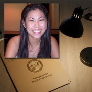 Smiling woman with long dark hair in front of a manila folder stamped "Alibi"